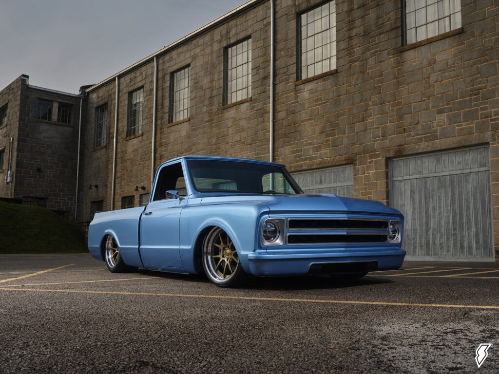 Front quarter shot of a custom chevy c10 truck